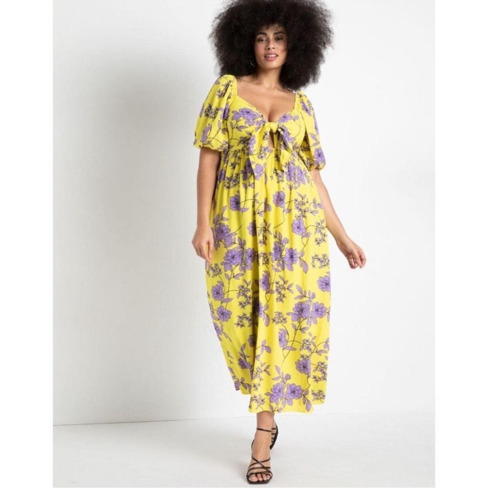 Eloquii Tie Front Full Skirted Maxi Dress in yellow and lilac